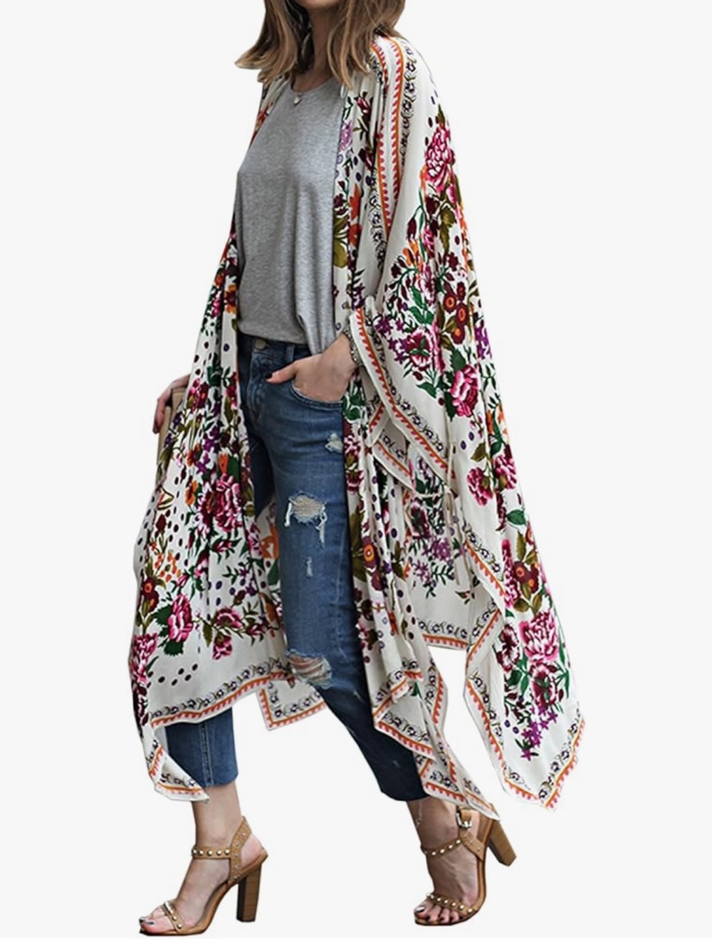 Floral Sheer Kimono Cover-Up in White with Multicolor Print